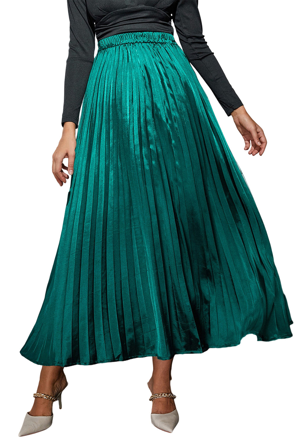 Satin Elastic Waist Pleated Maxi Skirt | Blackish Green