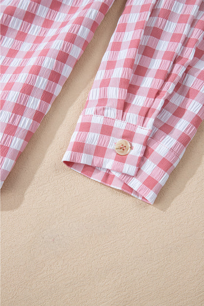 Gingham Print Chest Pockets Buttoned Collared Shirt | Pink