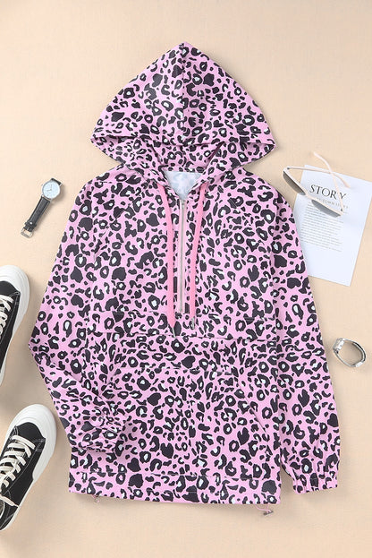 Print Zipper Kangaroo Pocket Pullover Hoodie | Leopard