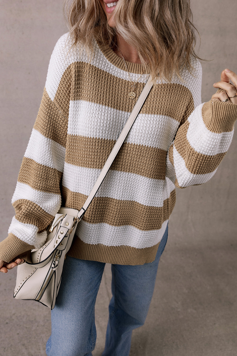 Colourblock Striped Drop Shoulder Side Slit Sweater | Light French Beige