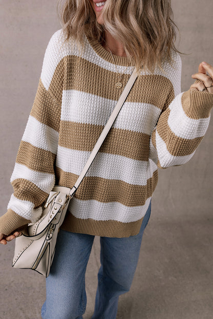 Colourblock Striped Drop Shoulder Side Slit Sweater | Light French Beige