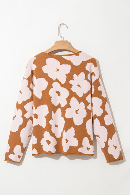 Floral Pattern Crew Neck Long Sleeve Loose Sweater | Brown