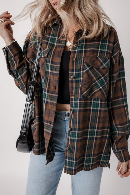 Plaid Print Chest Pockets Buttoned Shirt Jacket | Brown