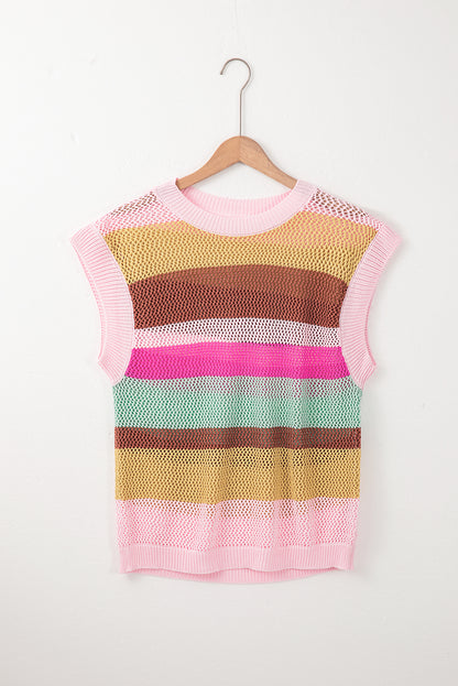 Crochet Cap Sleeve Loose Fit Sweater T Shirt | Pink Stripe