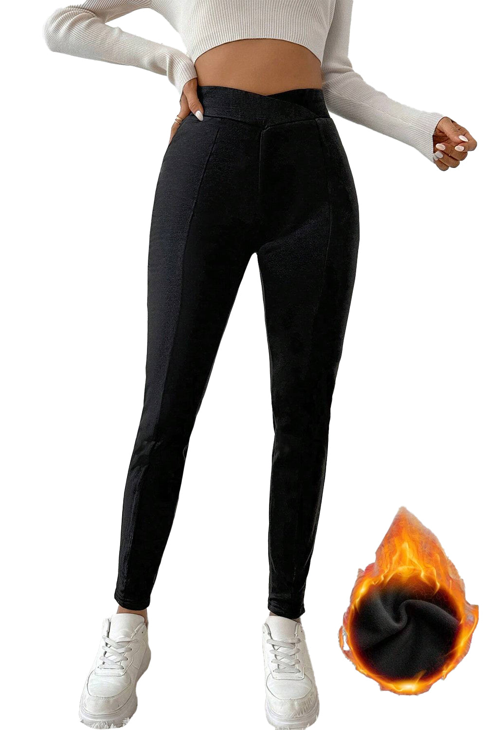 Crossed Waist Seamed Leg Thermal Leggings | Black