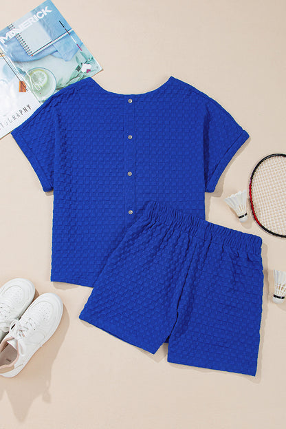 Jacquard Textured Buttoned Tee And Shorts Set | Sky Blue