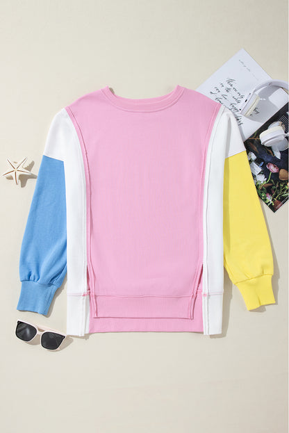 Colour Block Exposed Seam Side Slits Crewneck Sweatshirt | Bonbon