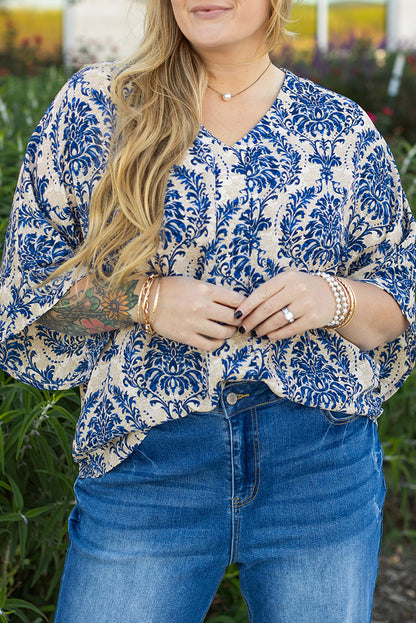 Plus Size Ethnic Printed 3/4 Sleeve V Neck Loose Blouse | Blue