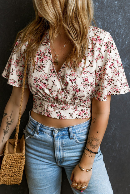 Floral Print V Neck Wrapped Cropped Blouse | Pink