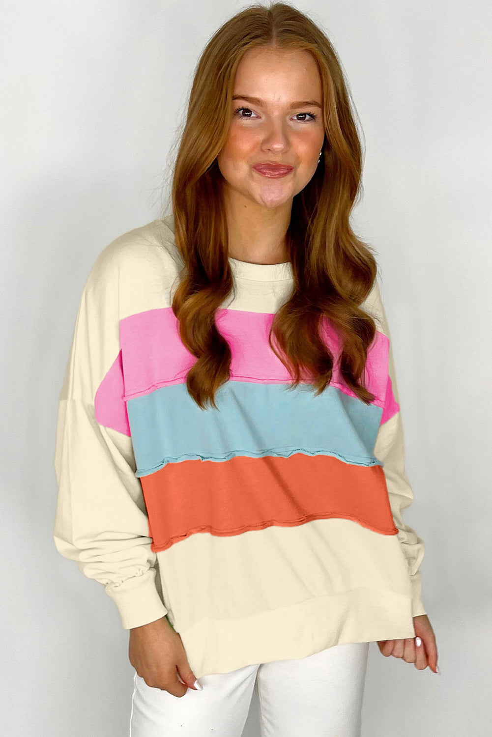 Colourblock Patchwork Crewneck Drop Shoulder Sweatshirt | White