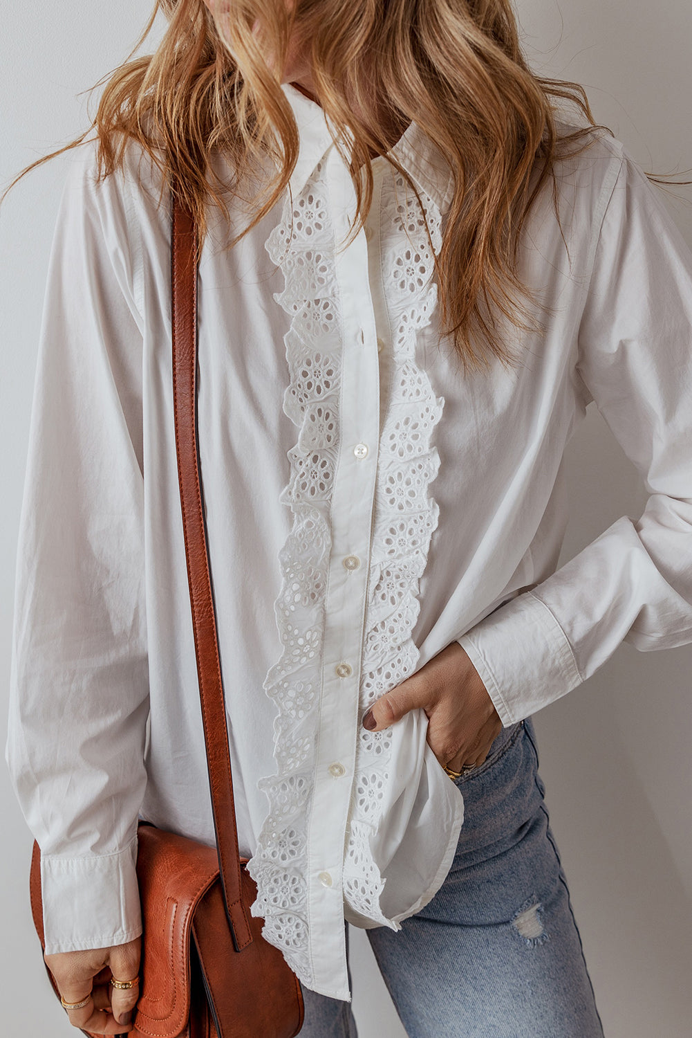 Lace Crochet Trim Turn Down Collar Buttoned Shirt | White