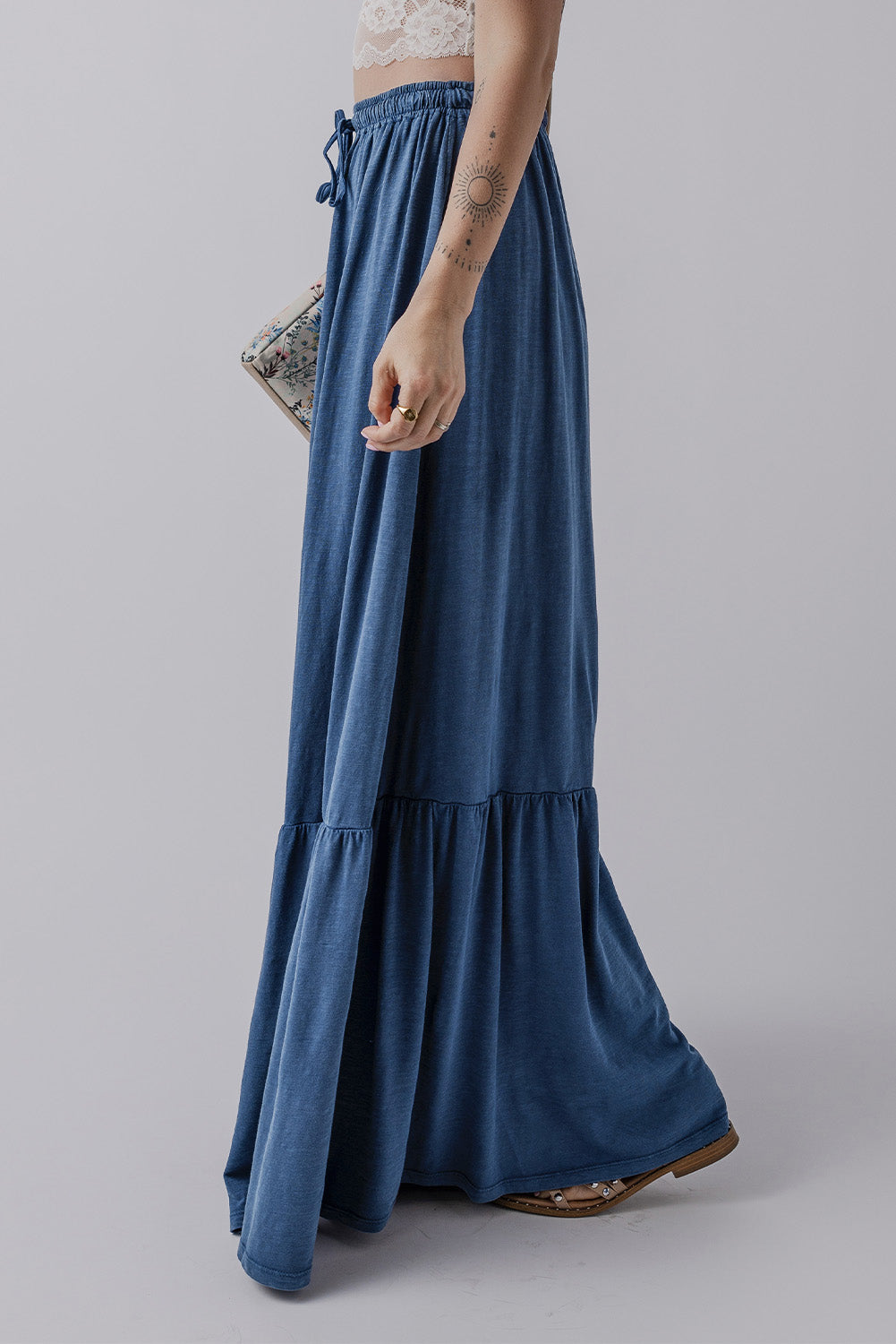 Solid Colour Lace Up High Waist Tiered Maxi Skirt | Sail Blue