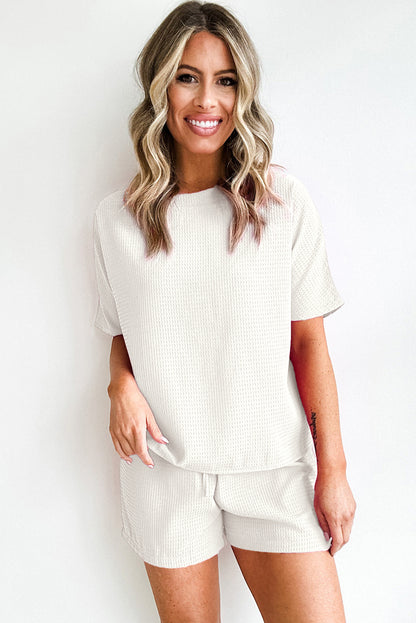 Casual Textured Tee And Drawstring Shorts Set | White