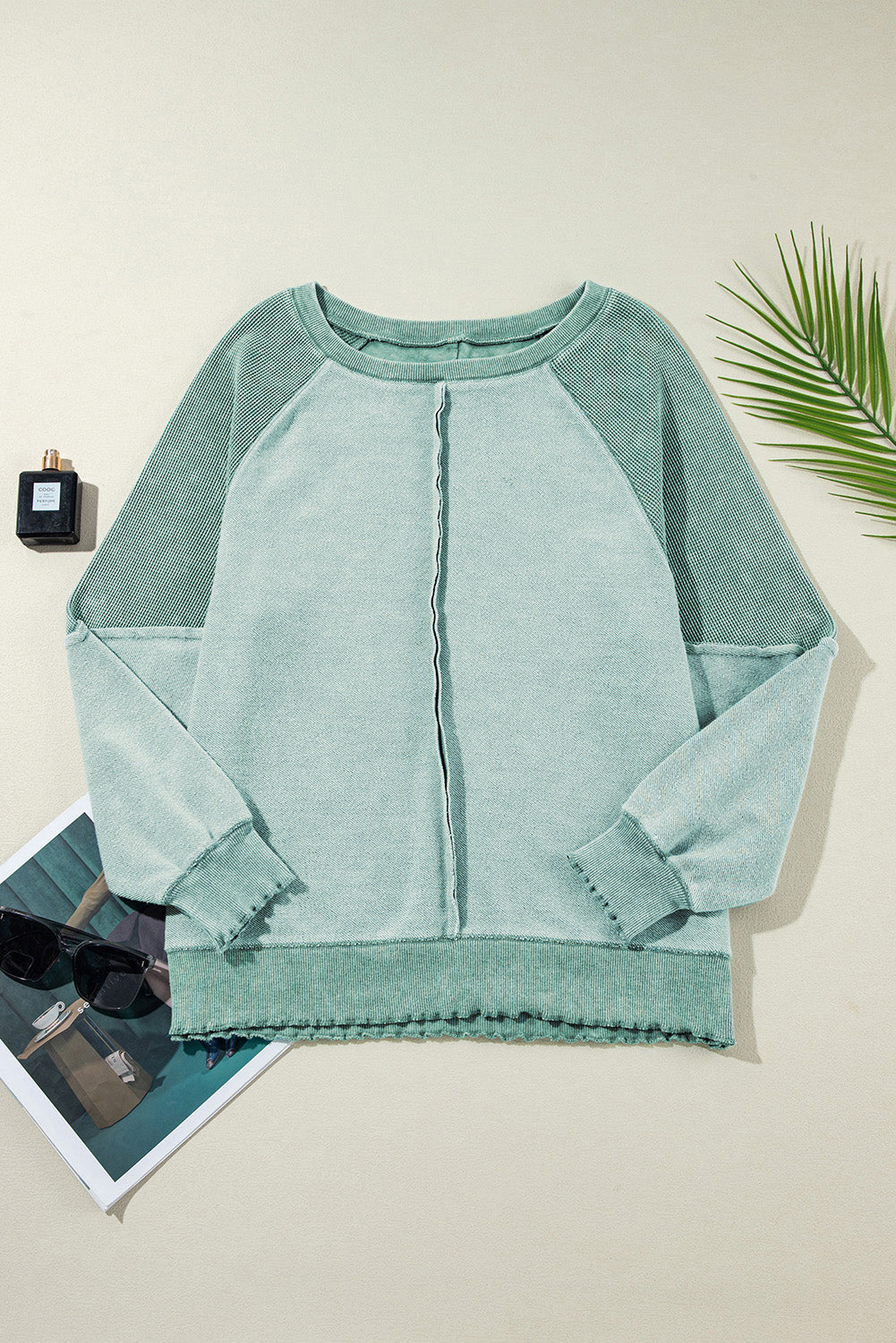 Waffle Knit Patchwork Exposed Seam Raglan Sweatshirt | Mineral Blue