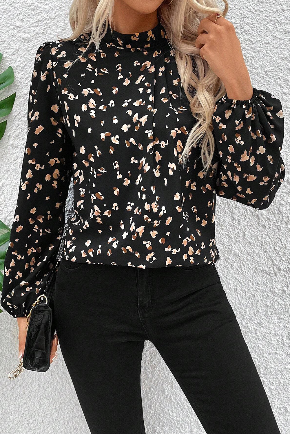 Leopard Print Lantern Sleeve Mock Neck Pleated Blouse | Black