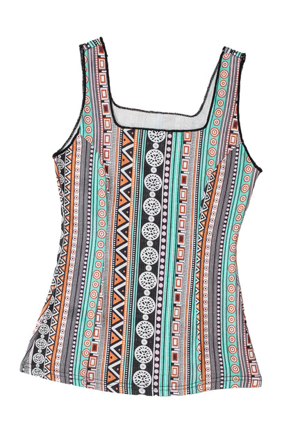 Western Geo Printed Square Neck Tank Top | Green