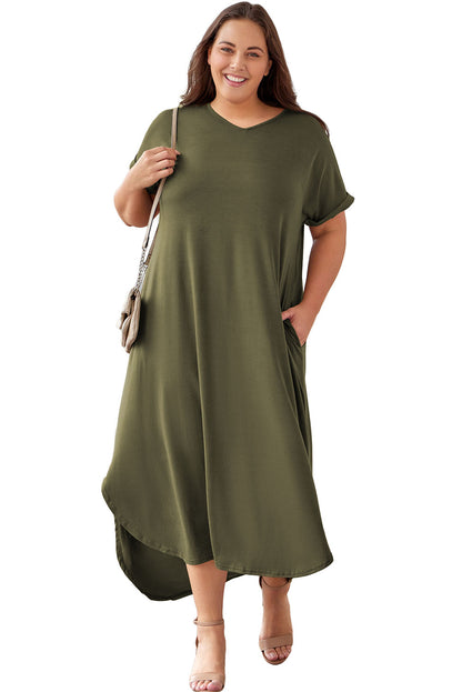 Plus Size V Neck Rolled Cuffs Maxi Dress | Green