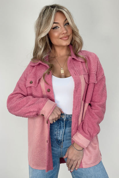 Colourblock Buttoned Flap Pocket Sherpa Shacket | Pink