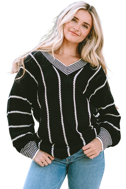 Colourblock Striped V Neck Knitted Loose Sweater | Black