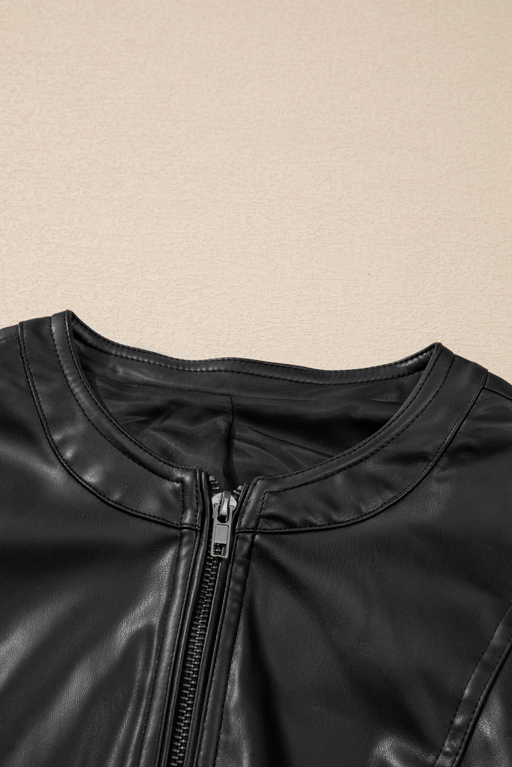 Solid Faux Leather Zipper Slim Fit Bomber Jacket | Black