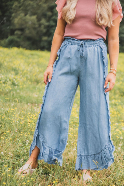 Light Wash Raw Hem Ruffled Wide Leg Jeans | Myosotis