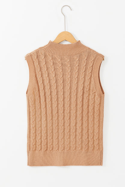 Solid Colour Cable Knit High Neck Tank Top | Light French Beige