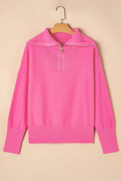 Solid Ribbed Trim Plus Size Zip Collar Sweater | Rose