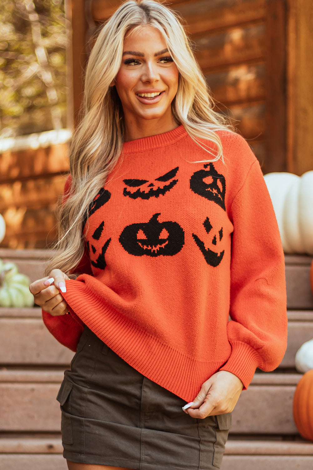 Halloween Pumpkin Face Pattern Drop Shoulder Sweater | Orange