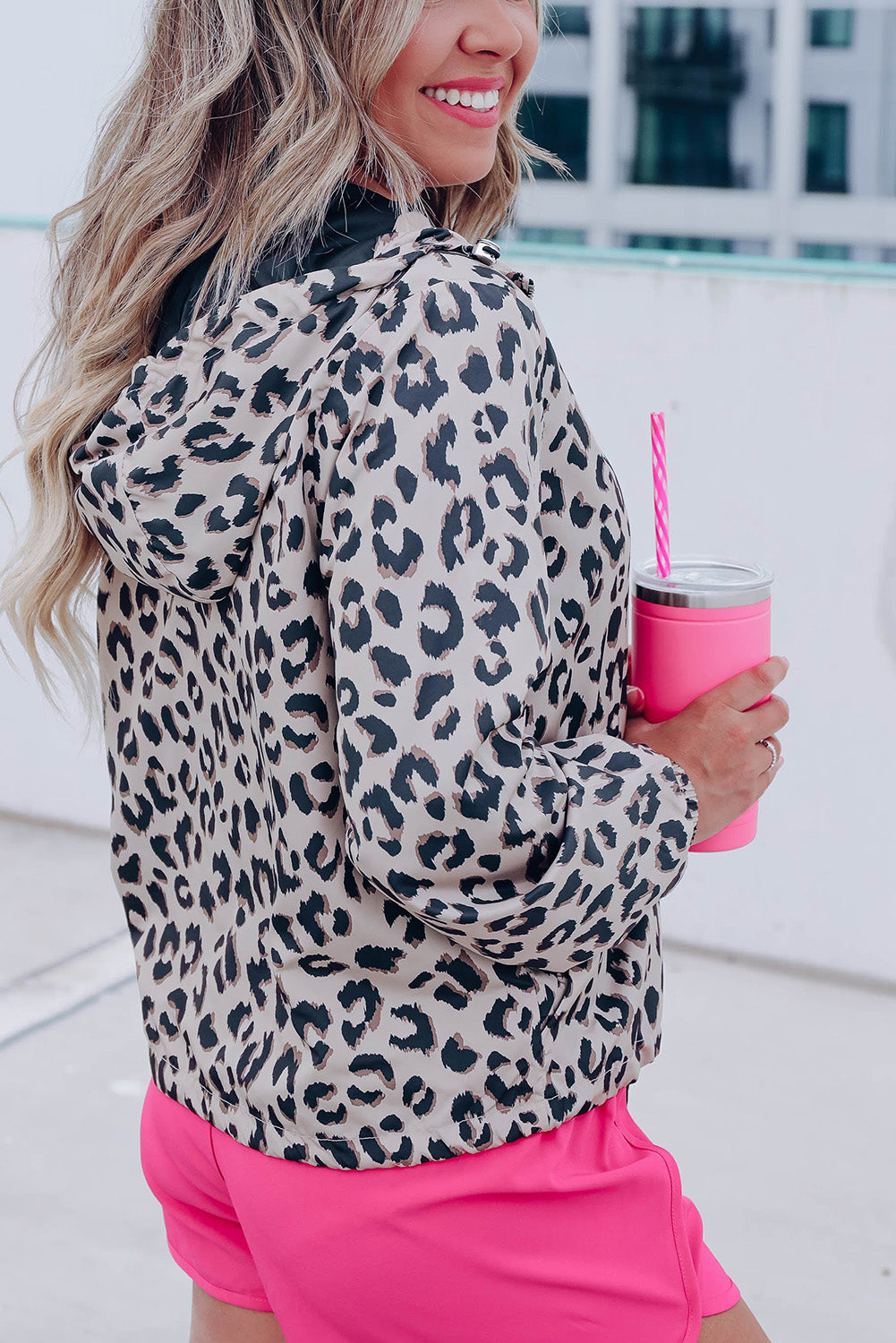 Zip Up Collared Hooded Windbreaker | Leopard