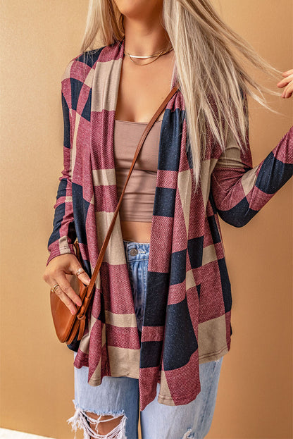 Draped Open Front Plaid Cardigan | Red