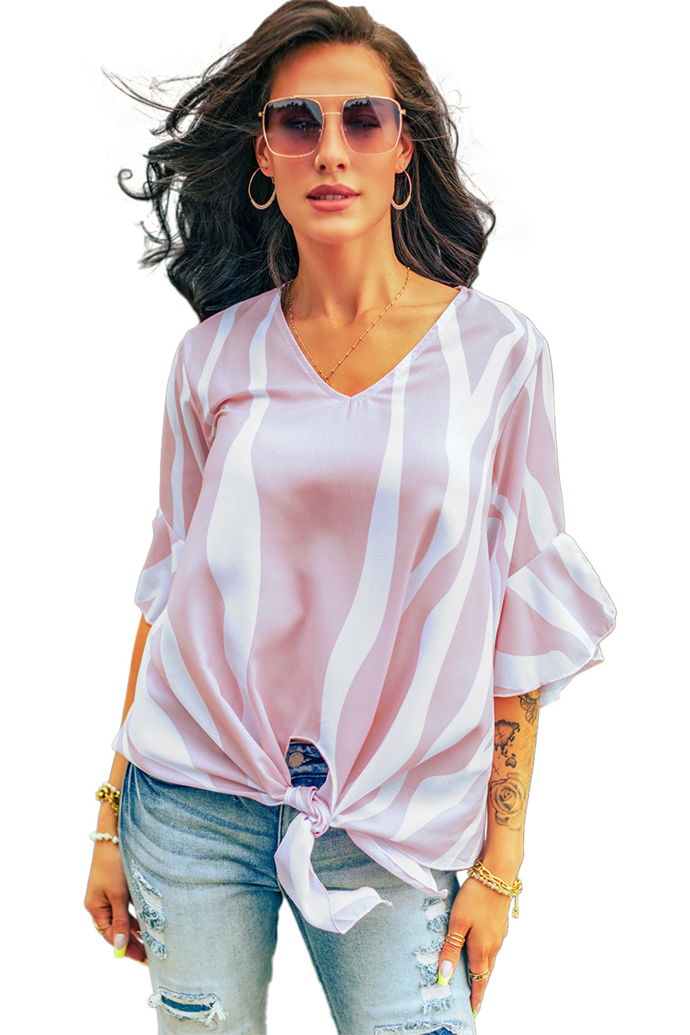 Vertical Stripes V Neck 3/4 Sleeve Blouse | Pink