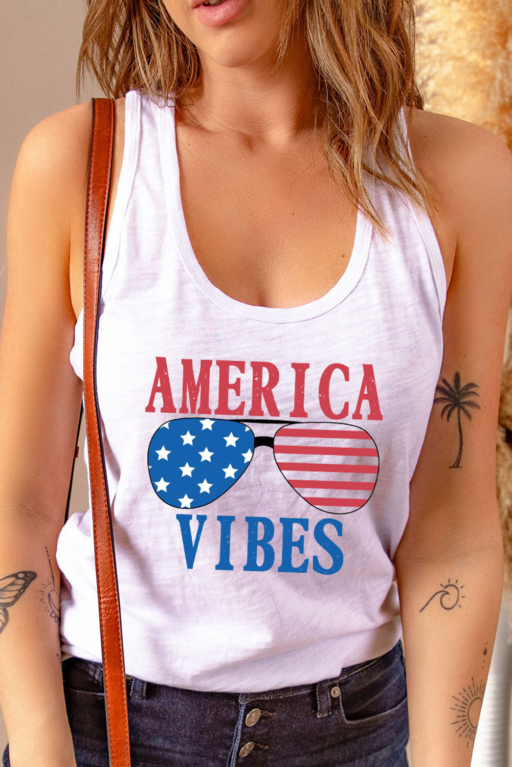 America Vibes Sunglasses Graphic Print Racerback Tank Top | White