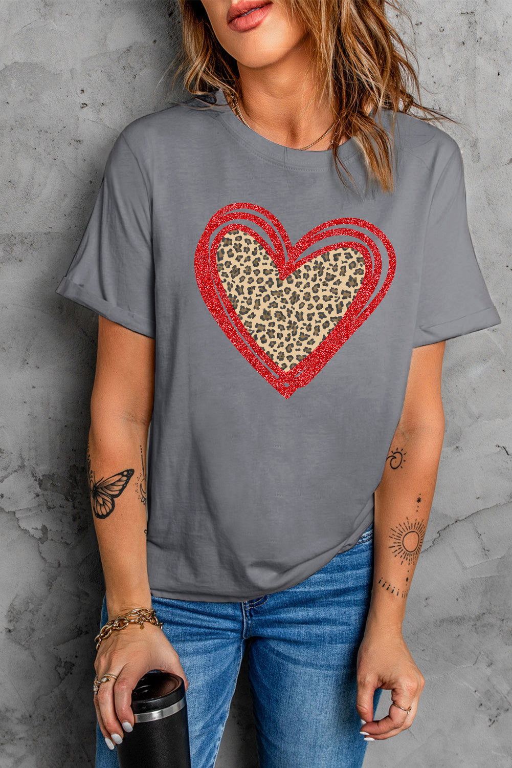 Sequin Leopard Heart Graphic T-Shirt | Gray