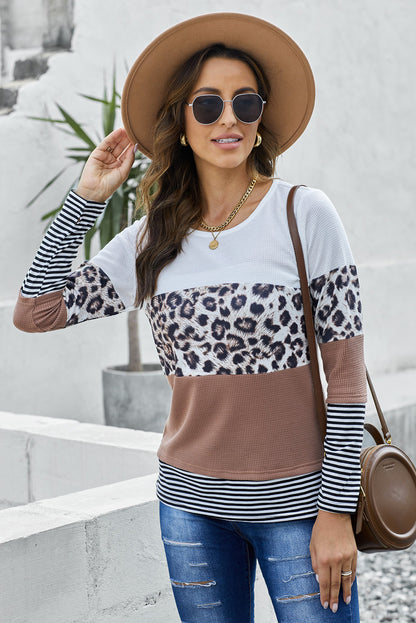 Stripes Leopard Splicing Colourblock Long Sleeve Top | Brown