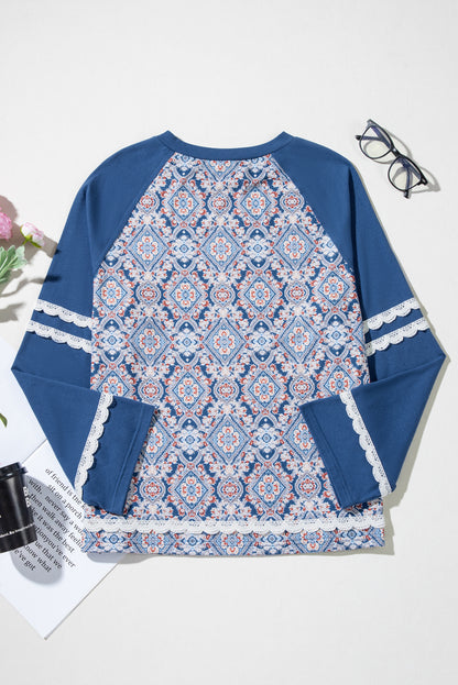 Geometric Printed Lace Patchwork Ric Rac Raglan Long Sleeve Top | Blue