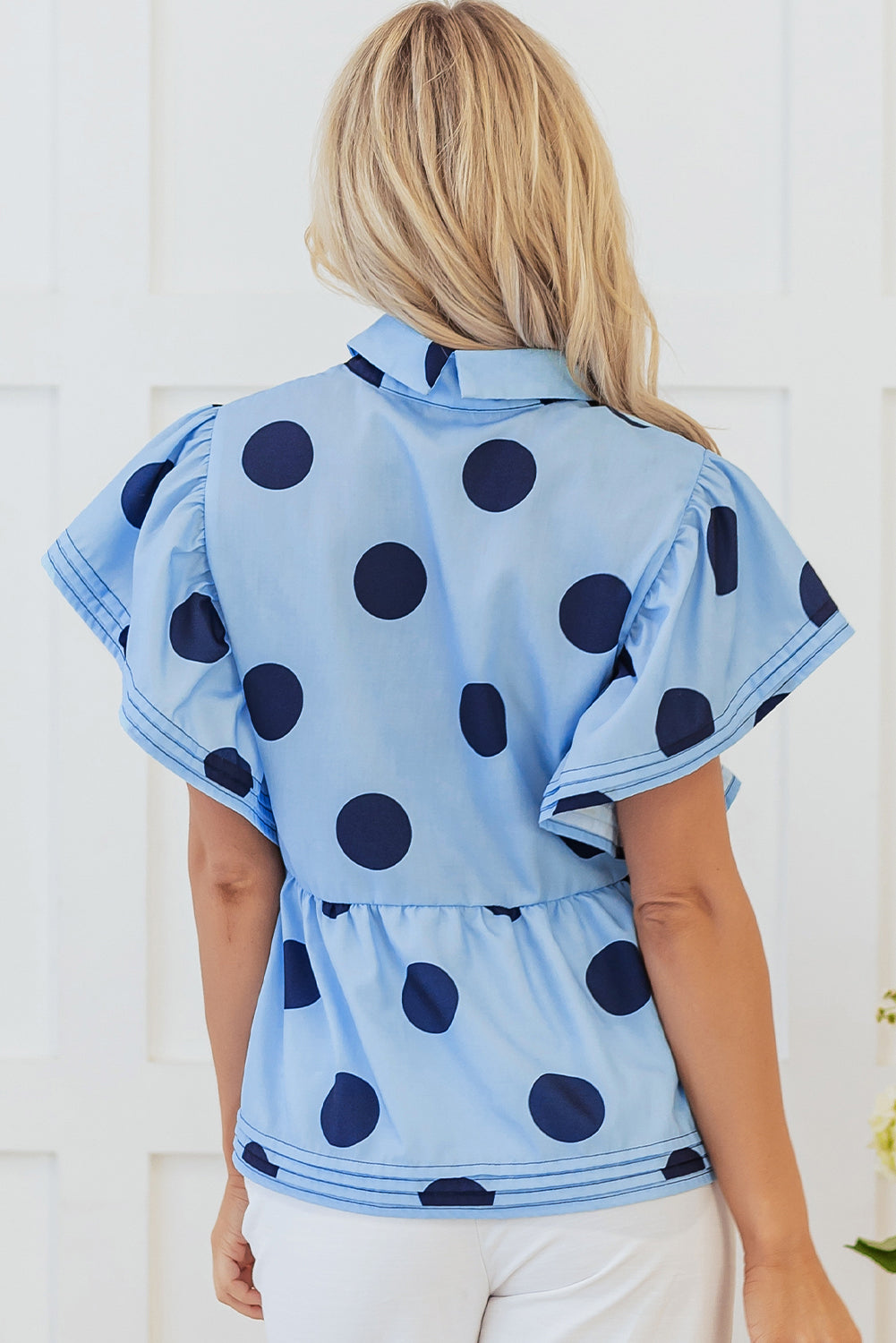 Polka Dot Print Ruffled Short Sleeve Buttoned Collared Blouse | Sky Blue