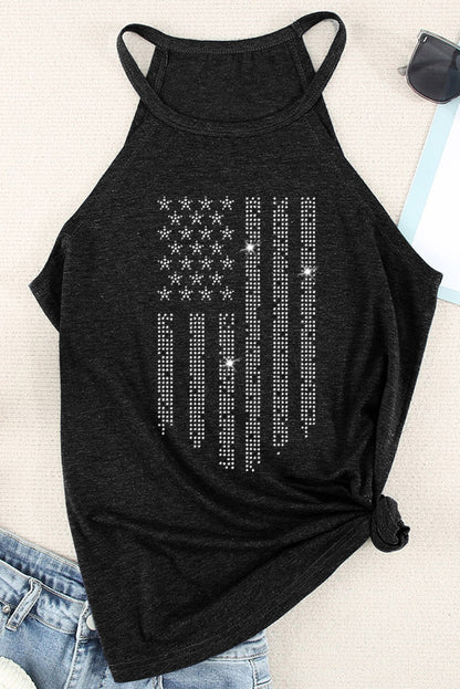 Shiny American Flag Printed O Neck Graphic Tank Top | Black