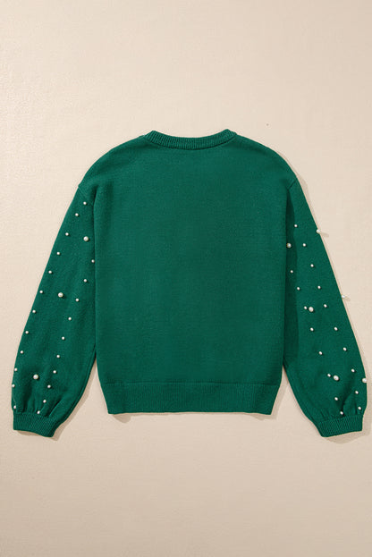 Pearled Drop Shoulder Round Neck Sweater | Evergreen