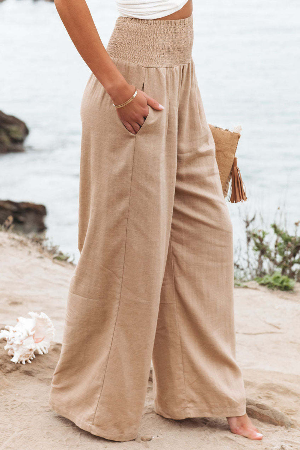 Smocked Wide Waistband High Waist Wide Leg Pants | Khaki