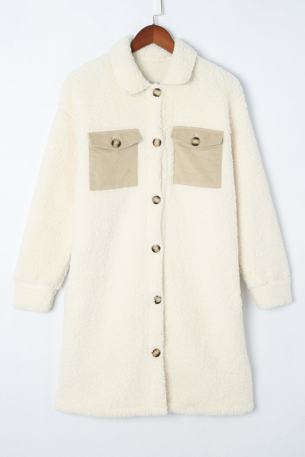 Contrast Flap Pocket Single Breasted Teddy Coat | Beige