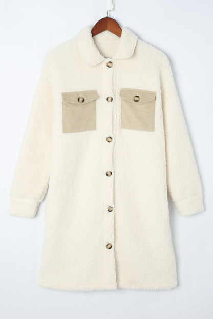 Contrast Flap Pocket Single Breasted Teddy Coat | Beige