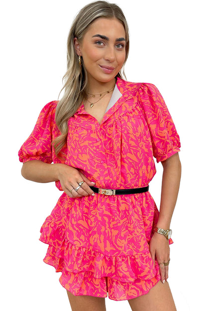 Abstract Print Puff Short Sleeve Ruffled Mini Dress | Rose