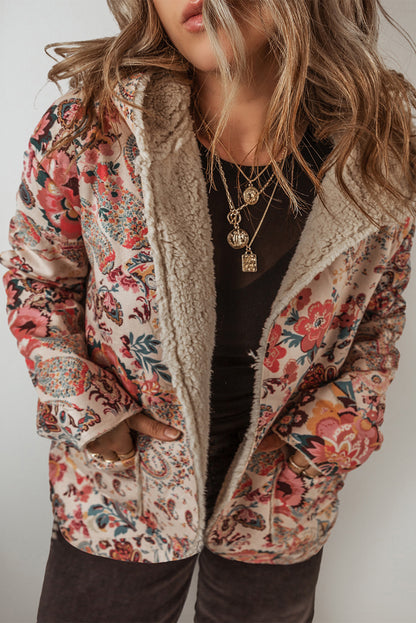 Vintage Paisley Floral Printed Sherpa Lined Hooded Jacket | Beige