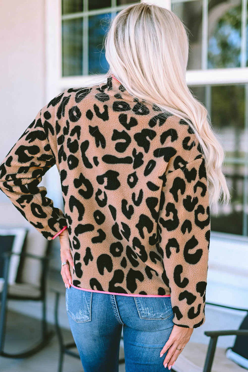 Colourblock Pocket Zipper Fuzzy Fleece Jacket | Leopard