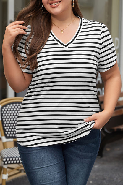 V Neck Petal Sleeve Plus Size T-Shirt | White Stripe