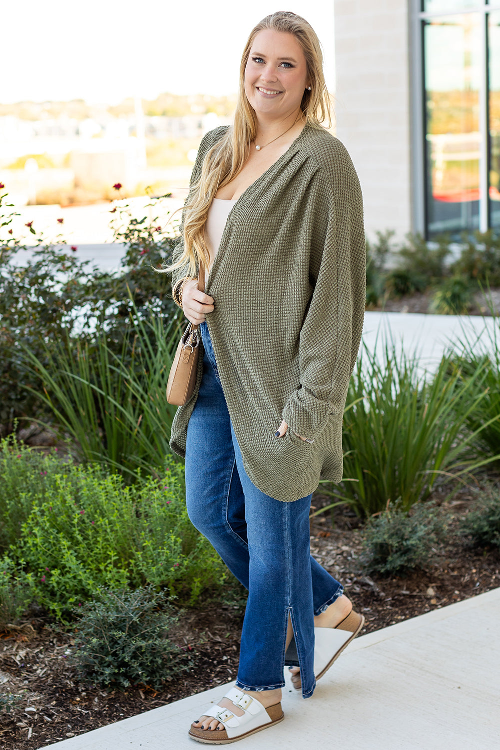 Waffle Knit Drop Shoulder Open Front Pocketed Plus Size Cardigan | Seagrass