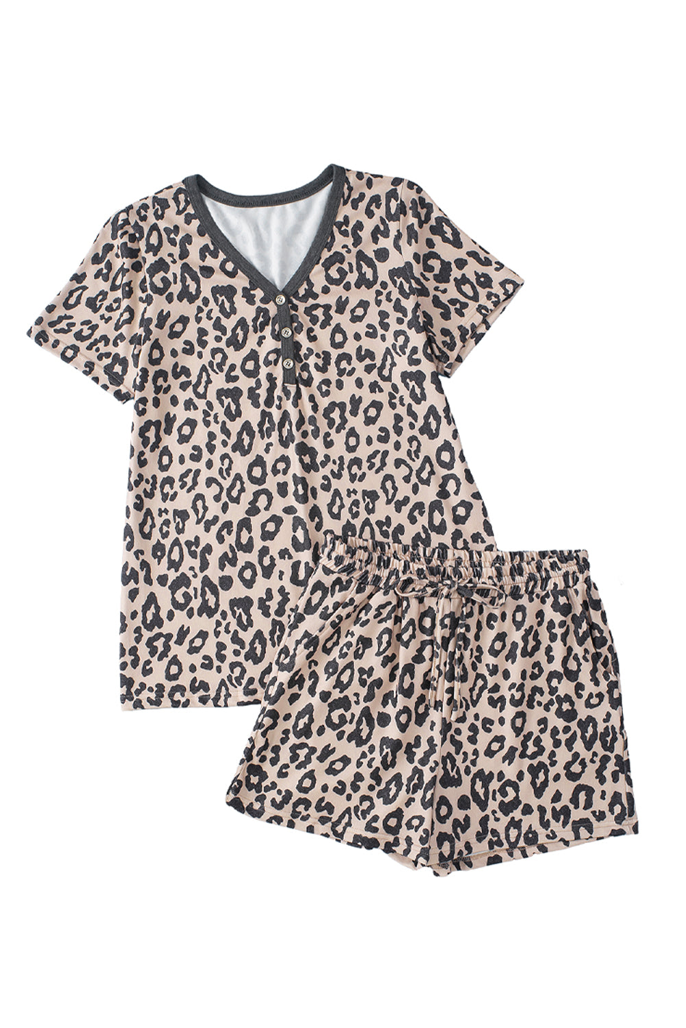 Leopard Button V Neck Tee And Drawstring Shorts Set | Multicolour