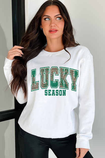 Leopard Lucky Season Printed St Patricks Pullover Sweatshirt | White