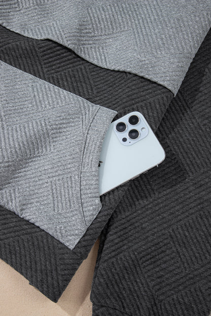 Textured Colour Block Kangaroo Pocket Drop Shoulder Hoodie | Gray