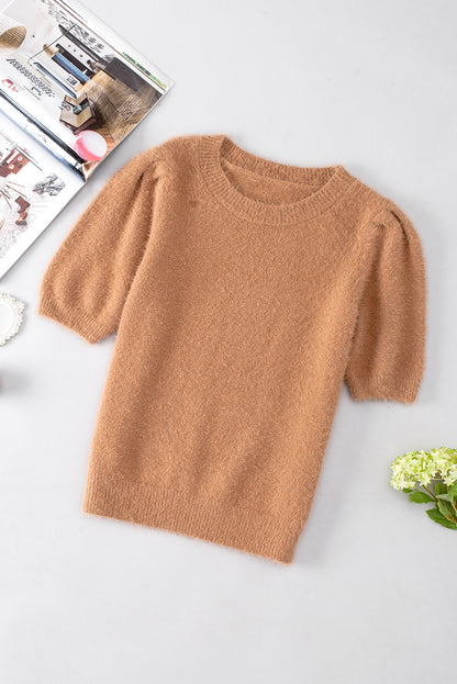 Fuzzy Short Sleeve Sweater | Light French Beige